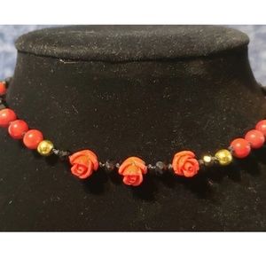 Hand Knotted Silk & Red Coral Choker Necklace. Adj